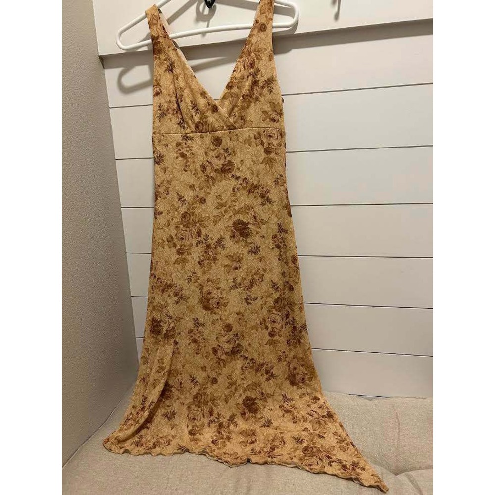 Romantic Floral Handkerchief Hem Midi Dress Tan Brown Vintage Style Size M